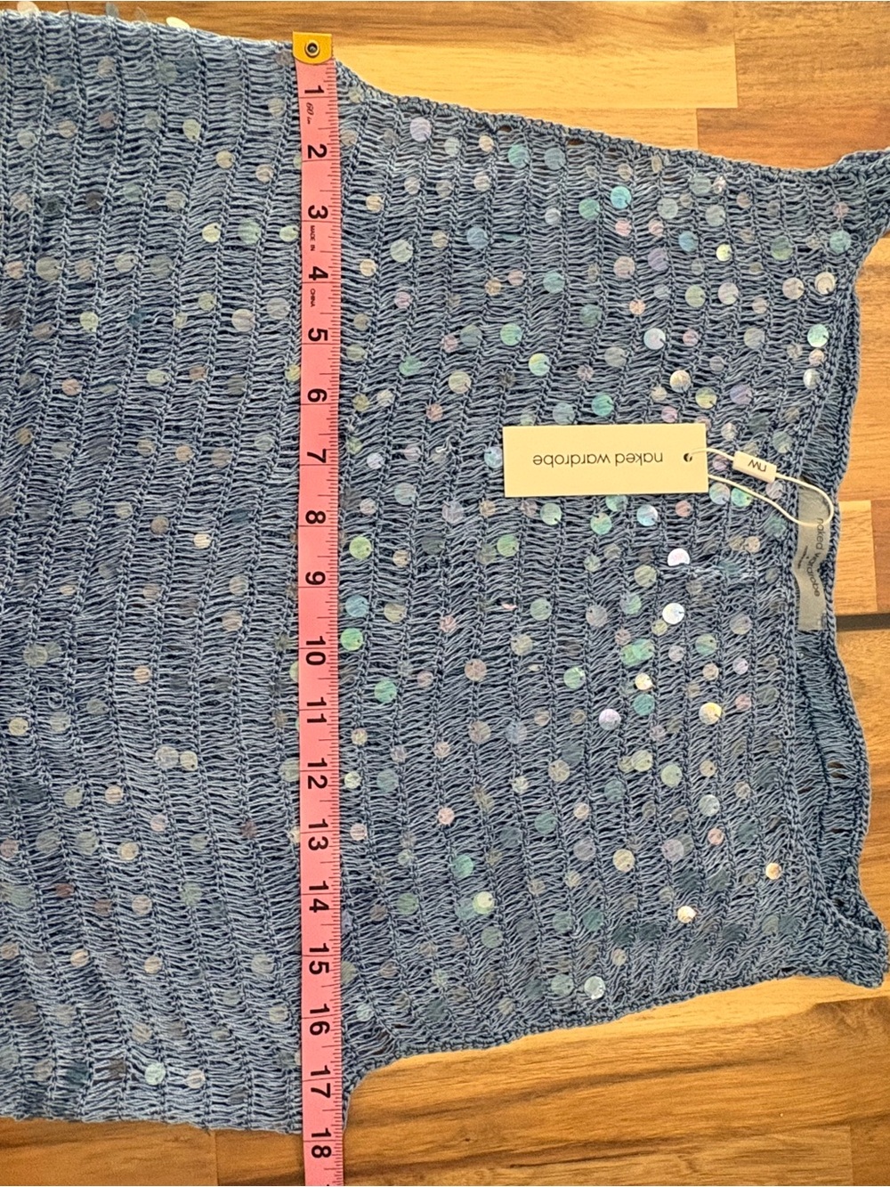 NWT Naked Wardrobe Sz XL Blue Sequin Crocheted Boat Neck See Through Crop Top - Picture 4 of 10